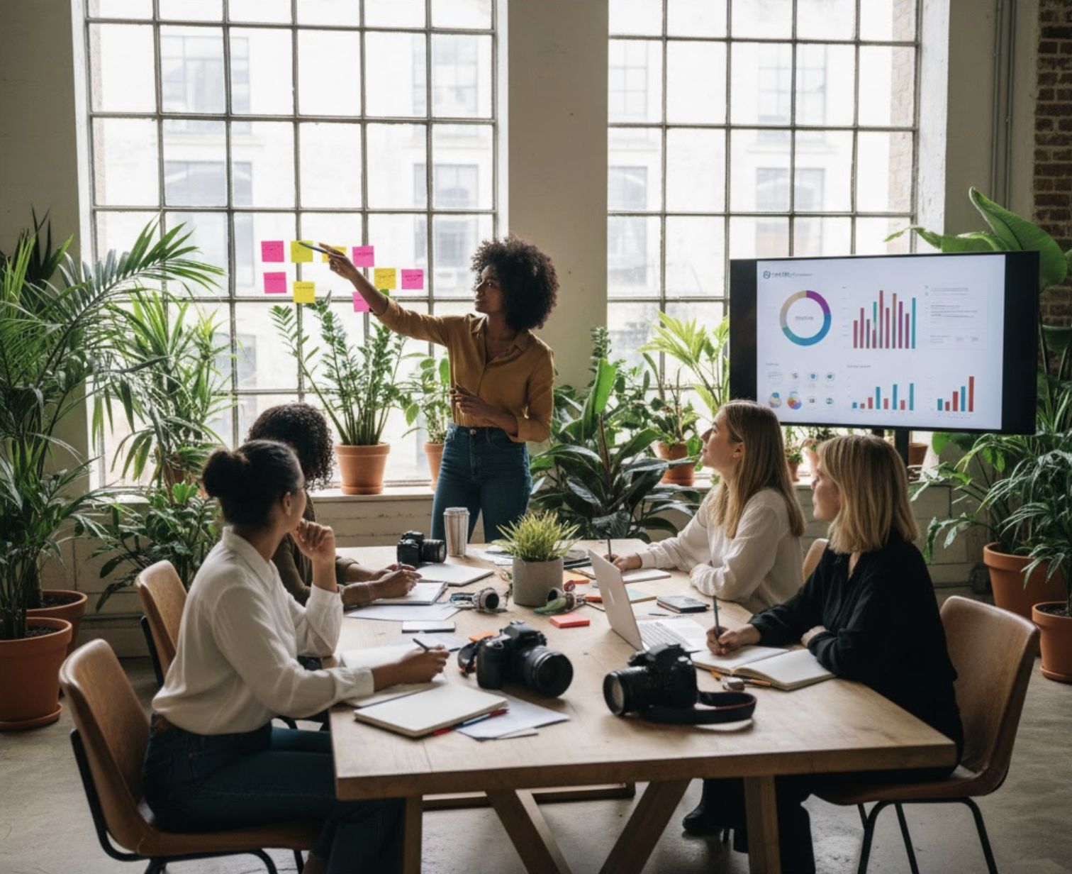 A diverse, all-female creative team actively collaborating in a stylish, light-filled office space with large windows and plenty of green plants.