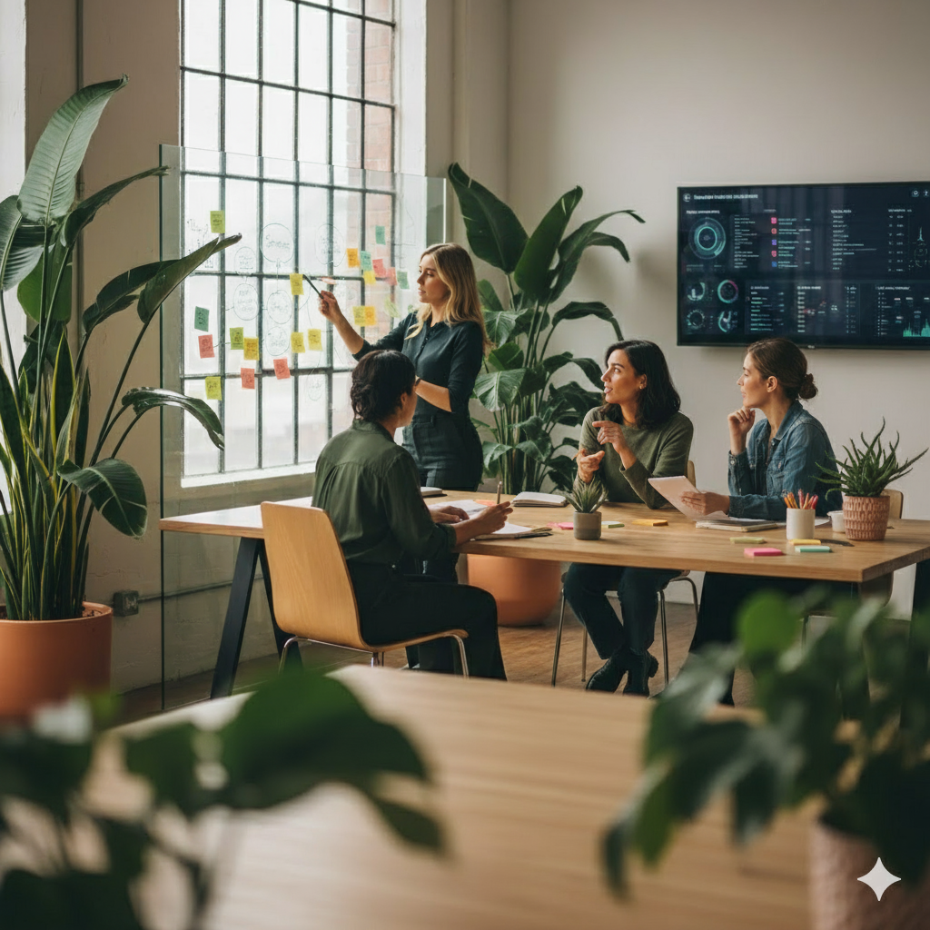 A creative team collaborating in a green room setting, representing content and marketing strategy.